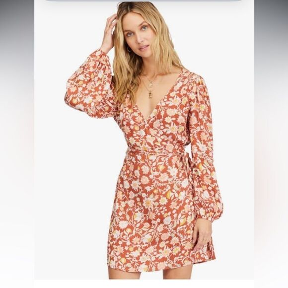 Billabong Floral Long Sleeve Dress billabong floral wrap dress size small nwt - Picture 1 of 9